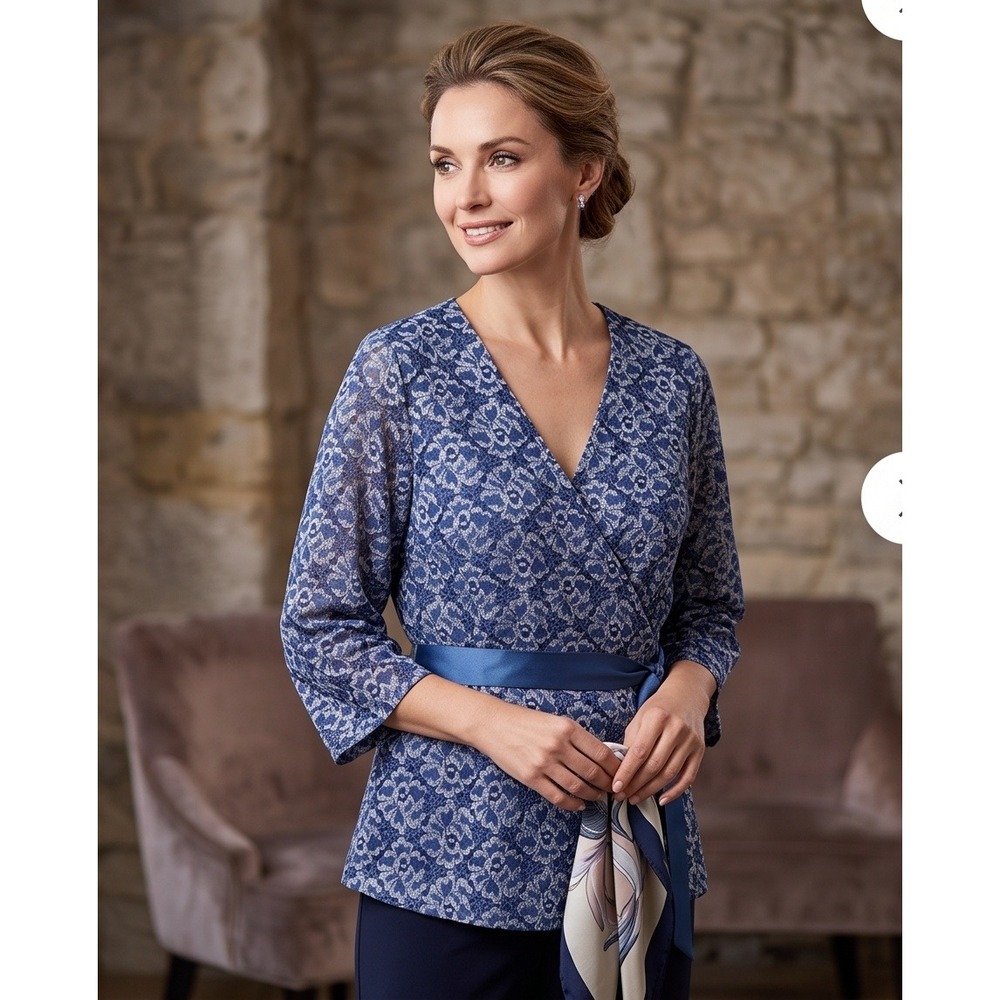 Catherine's 2X Blue Metallic Lace Faux Wrap Blouse Elegant Cocktail NWT